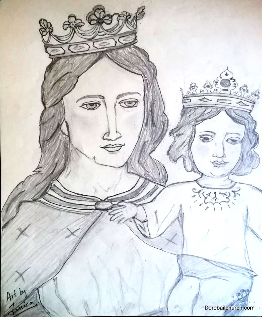 Drawing of a woman holding a in her arms, Virgin Mary, Toddler with Jesus,  Mother, Queen of Heaven - SeaArt AI
